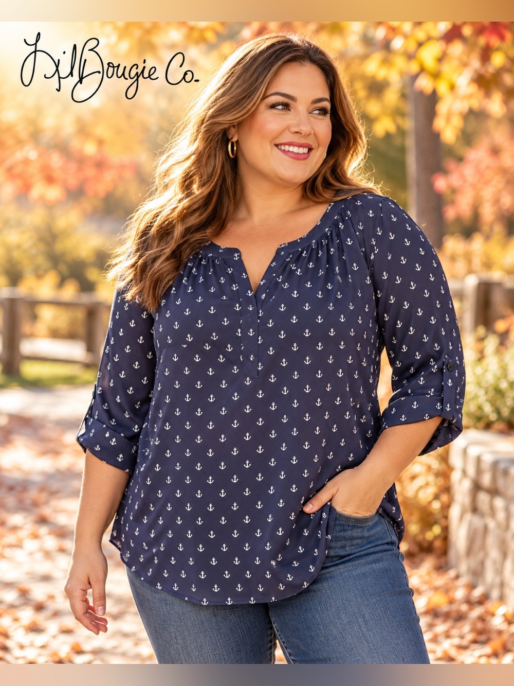 Navy Anchor Print Peasant Top